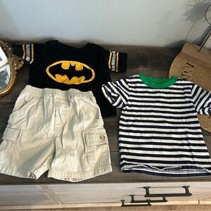 12 Month Bundle Set Batman Shirt, Green Stripped Shirt, Shorts